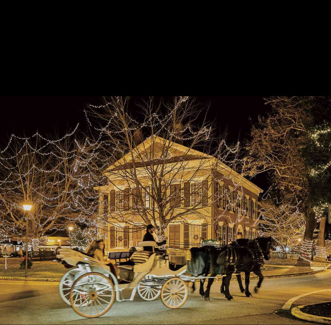 A horse-drawn carriage carries passengers through a town square at night, illuminated by festive holiday lights draped over a grand historic building and surrounding bare trees.